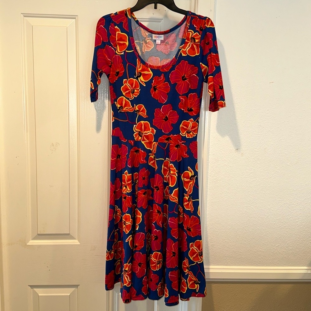 LuLaRoe Vibrant Red and Blue Floral Midi Dress